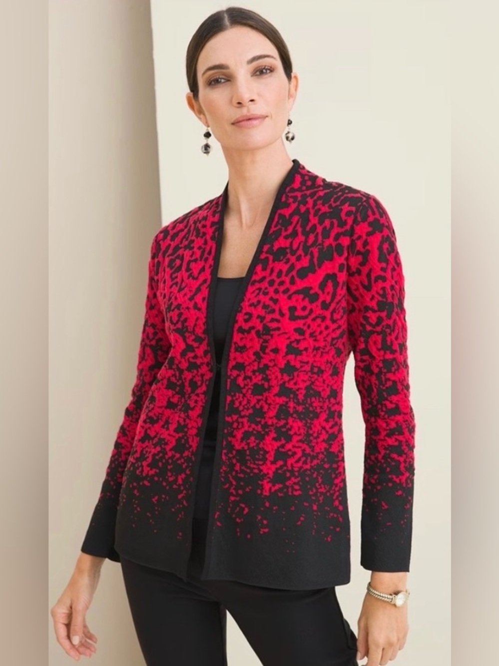 Chico's Red Black Blister Knit Hook Eye Cardigan Cotton Poly Sweater Office
